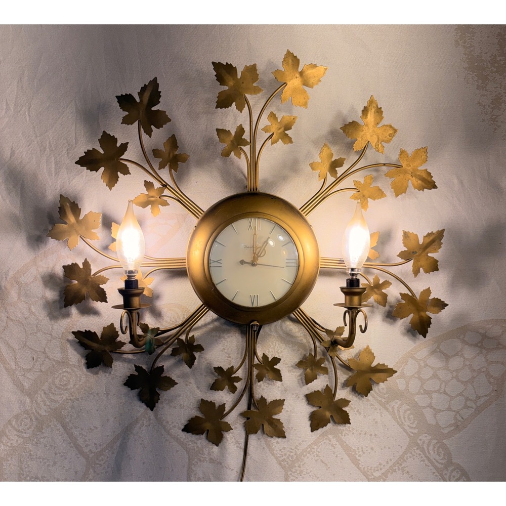 Vintage United Clock Corp Gold Metal Maple Leaf Sunburst Wall Clock Sconce 324